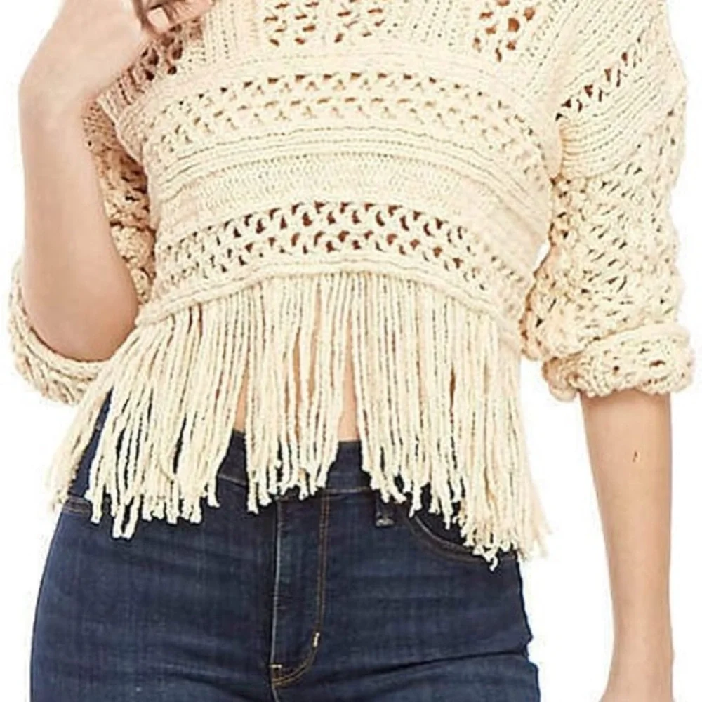 Free People Cream Crochet Sweater with Fringe